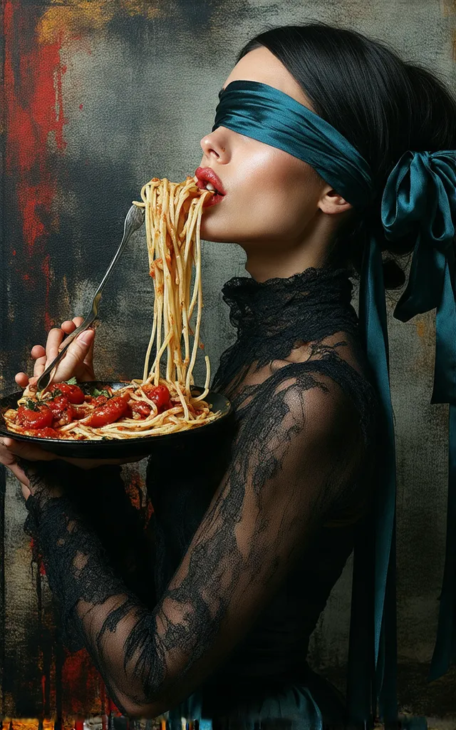 A culinary metamorphosis in chiaroscuro lighting, ultra-realistic Peter Lindbergh-inspired photography. A striking woman in profile view wears a structured burgundy red Victorian corset with black lace details and cobalt blue ribbon accents, replacing the ...