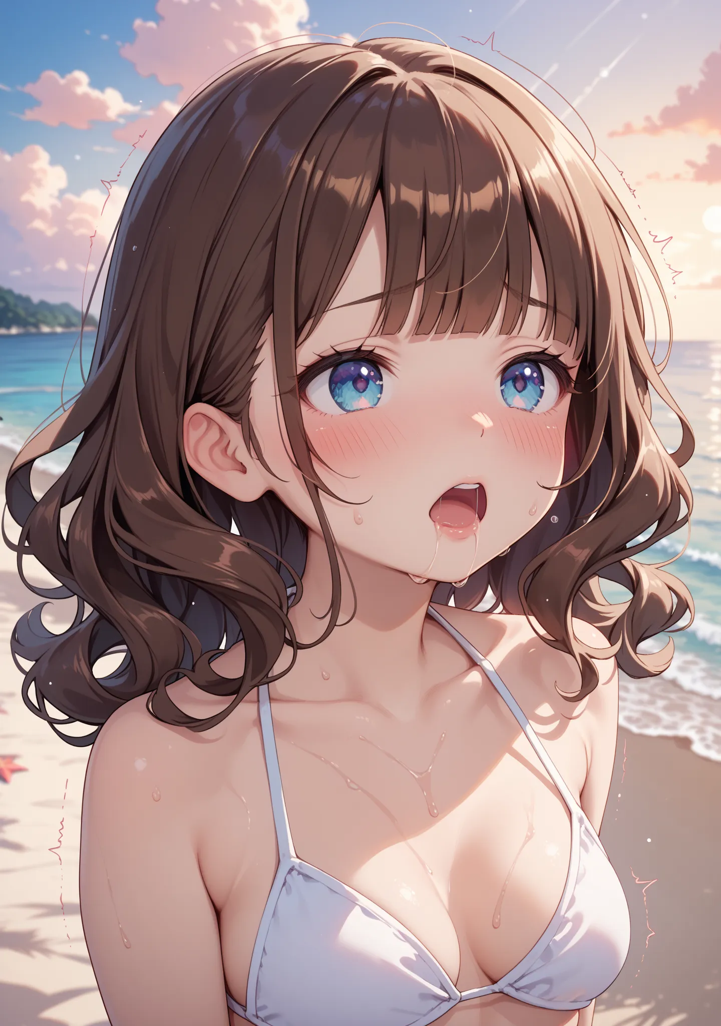 loli, petite, medium breasts, pale skin,brown hair, medium hair , wavy hair , blunt bangs , blue eyes, natural make up,flustered, (((blush))), girl trembling with sexual climax , drool, sweat, looking ahead, from front, portrait, open mouth, white bikini ,...