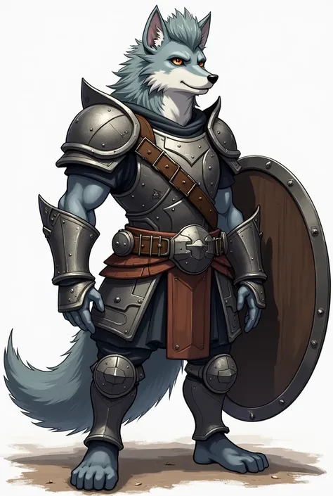 A gray-haired humanoid wolf, Slim body, strong and tall, wears heavy armor with a large shield, , has a friendly look and a Mohican hairstyle, The drawing style I want to be anime and furry