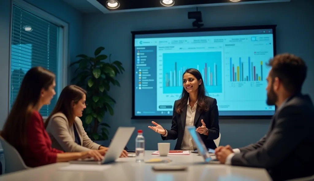 Photography. Light. Easy. High quality, 8K Ultra HD. - Indian businesswoman presenting data-driven insights to corporate team in conference room. - More vibrant colors. Detailed look. Good studio lighting from front and side. Maximum sharpness of the photo...