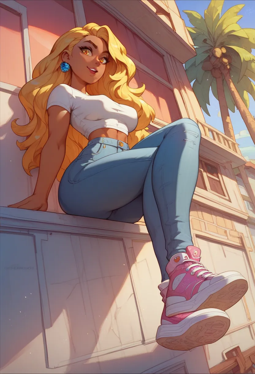 Masterpiece, 1 girl, brazilian, ebony skin, dark skin, long hair, yellow hair, amber eyes, big tits, wide hips, sneakers, thin gray blouse, super tight pink jeans