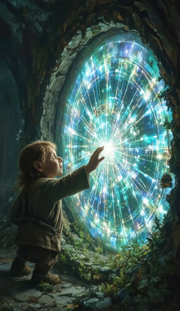 A hobbit looking at a magical portal. The portal is glowing with psychedelic geometry patterns in it. Extreme close up on the hobbit's expression, who is completely mesmerized by the magical portal. He extends his hand toward the portal, trying to touch it...