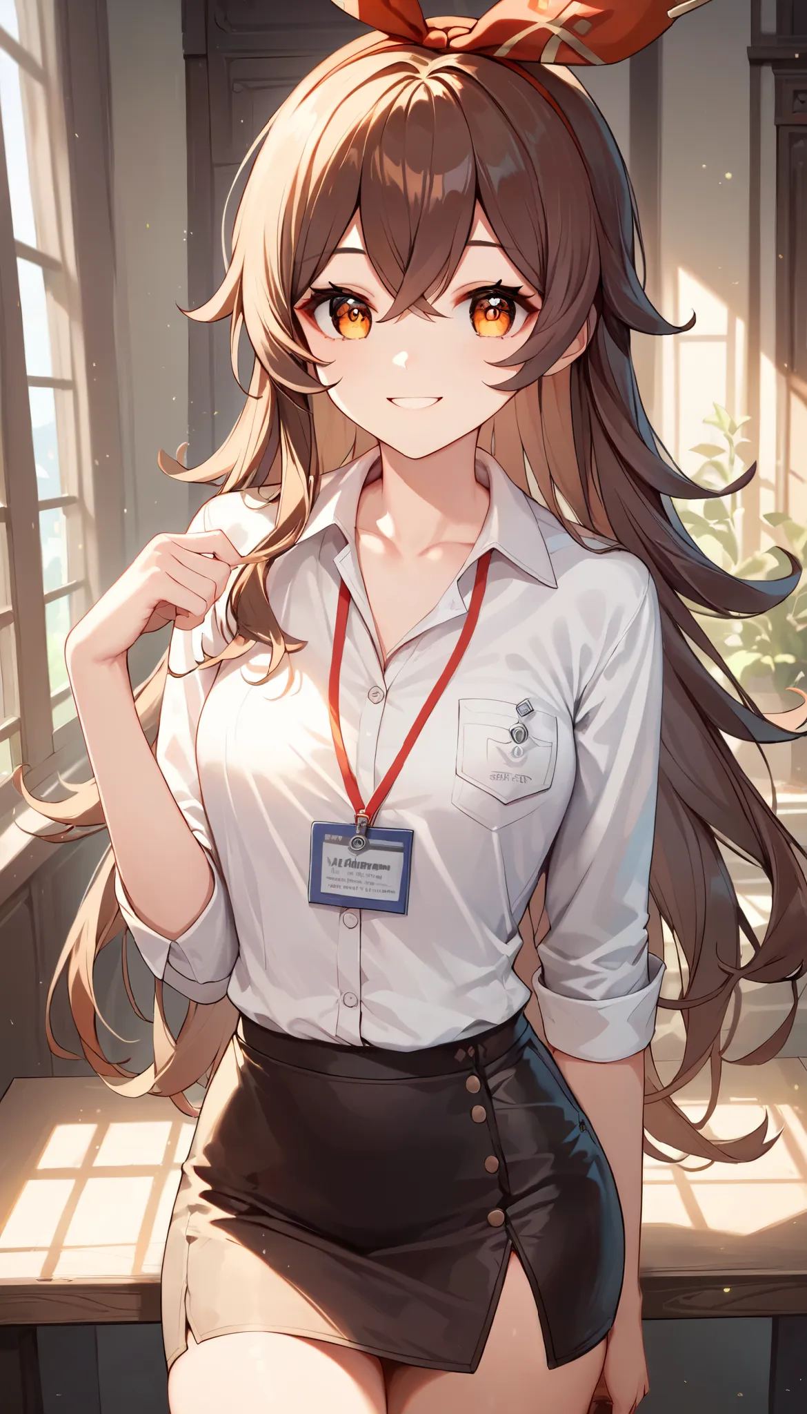 score_9, score_8_up, score_7_up,source_anime, high res image,masterpiece,best quality,girl,cute face,clear skin,amber_genshin, indoors, looking at viewer, demure smile, white button-up shirt, short black pencil skirt, collarbone, lanyard