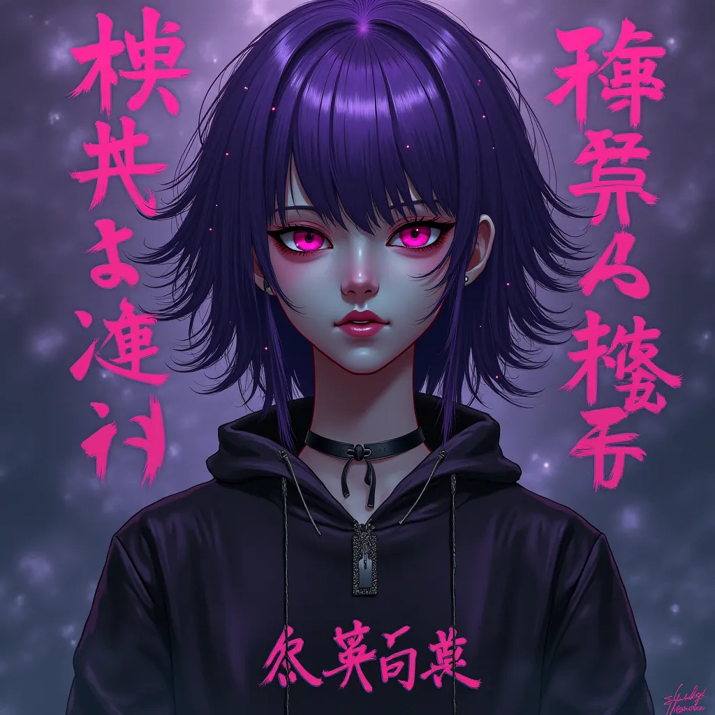 
Color Album Art, hip-hop music album cover, rap album cover , Purple fog ,  purple hair , Spooky, Write Asian voice, so the letters flow down