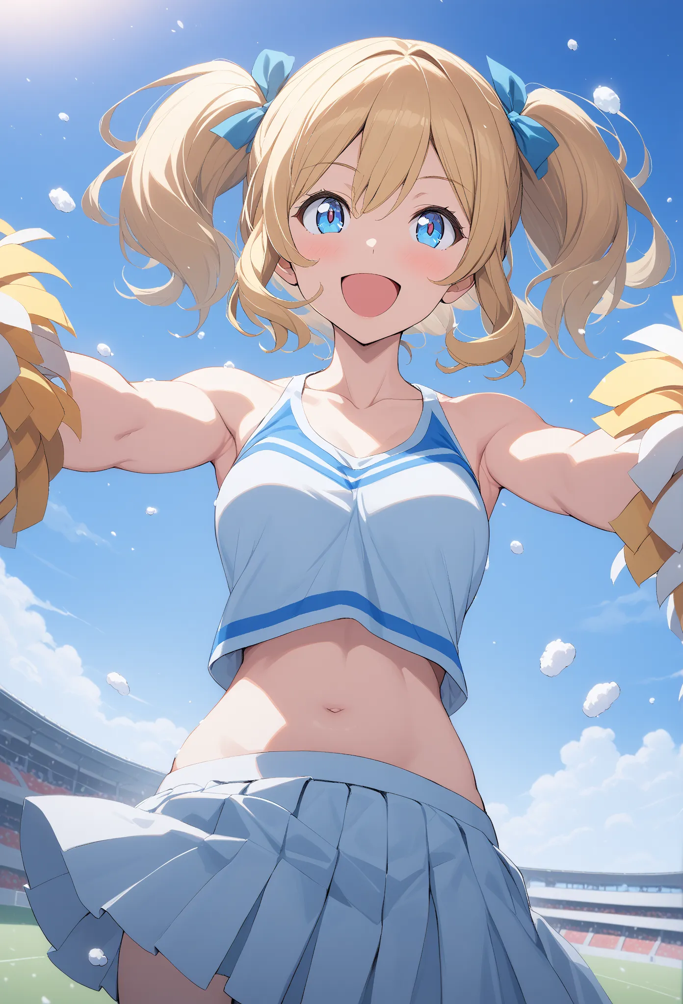 1 girl,  \(Pokémon\), Rico, It's You , cheerleader, clothing design, pleated skirt, Pom-pom \(cheerleading\), collarbone, Light blue clothes, light blue skirt, Horseshoe, upper body, smile, sleeveless, chest, belly button, :d, STUDIO LIGHTING, Put your han...