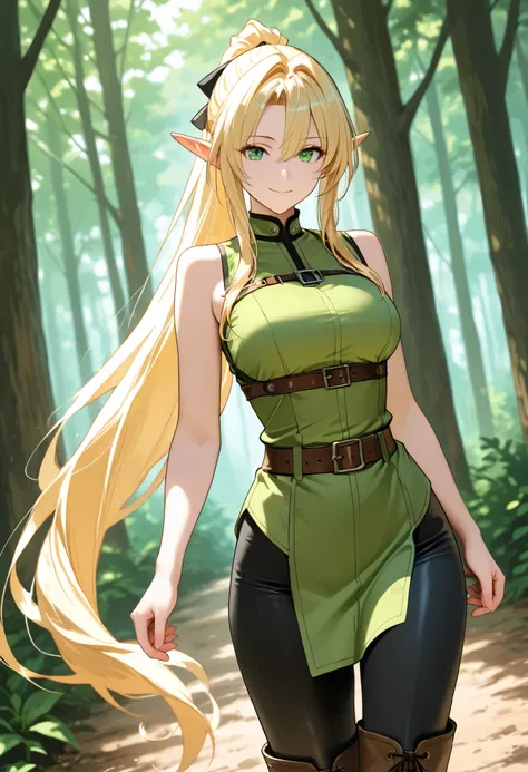 altaerith, very long hair, ponytail, blonde hair,green eyes, elf,, ponytail, in a forest, solo, RPG style, black pants, black tight pants, brown boots, brown thigh boots, brown belt, green sleeveless tunic, really beautiful, dominant, confident, underbust ...
