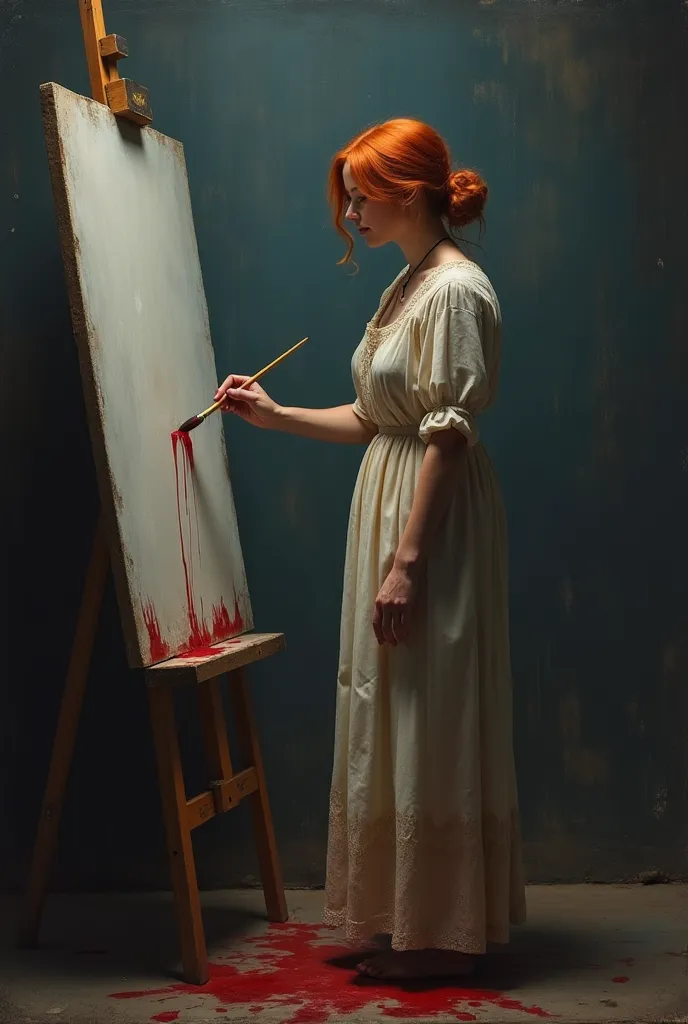 Paint an Empire-style painting. , a woman with red hair paints a picture with red blood flowing from her brush. Full-length figure of a woman standing near a painting. It stands in the center of the canvas, leaning slightly forward, with an expression of s...