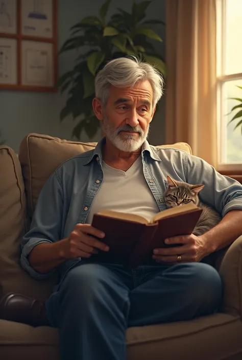 middle age man sitting on the couch reading a book with a grey cat curled up next to him