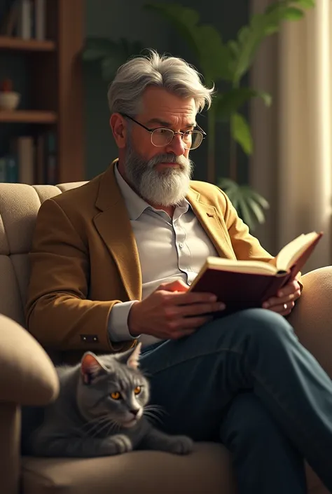 middle age man sitting on the couch reading a book with a grey cat curled up next to him