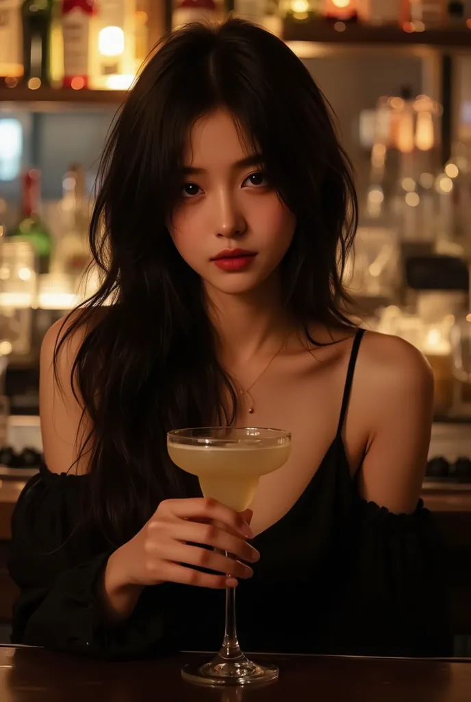 Ultra-realistic photograph of Kira, 22-year-old Asian woman with athletic but slightly imperfect physique, sitting at a bar counter. Long wavy black hair styled loosely with some messy strands framing her face. Almond-shaped dark brown eyes with subtle mak...