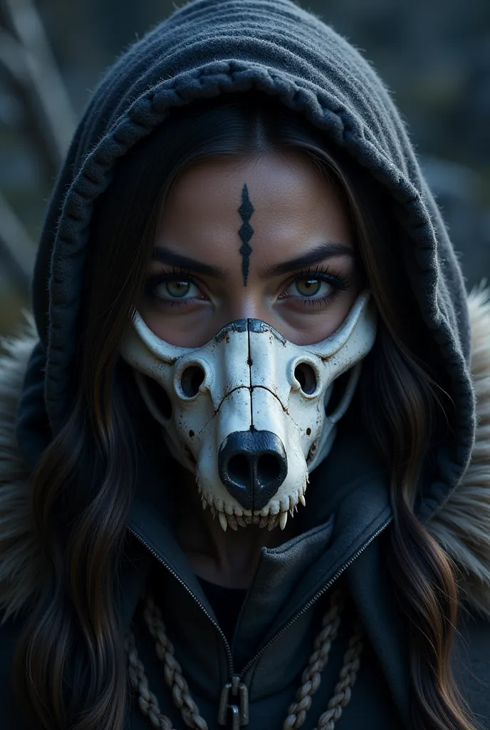 Create four images of an eskimos girl with the Wolf Skull mask on her face ,dark image of a strong woman 