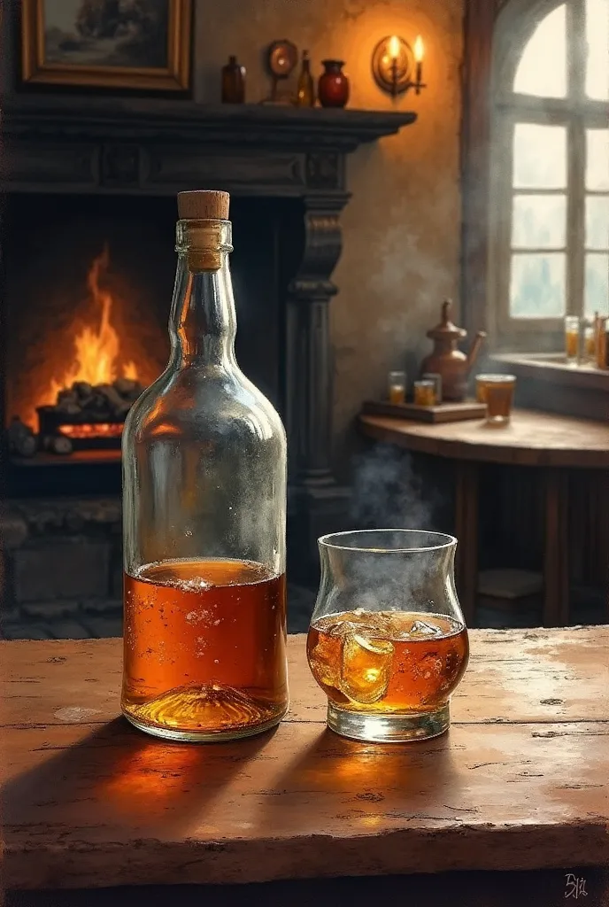 organic watercolor of an empty half-finished whisky bottle on the wooden table, a full half-finished glass on the wooden table, old ancient pub, smoky air, fireplace in background, candle light, dim light, night, illuminated by an old 19th century window.