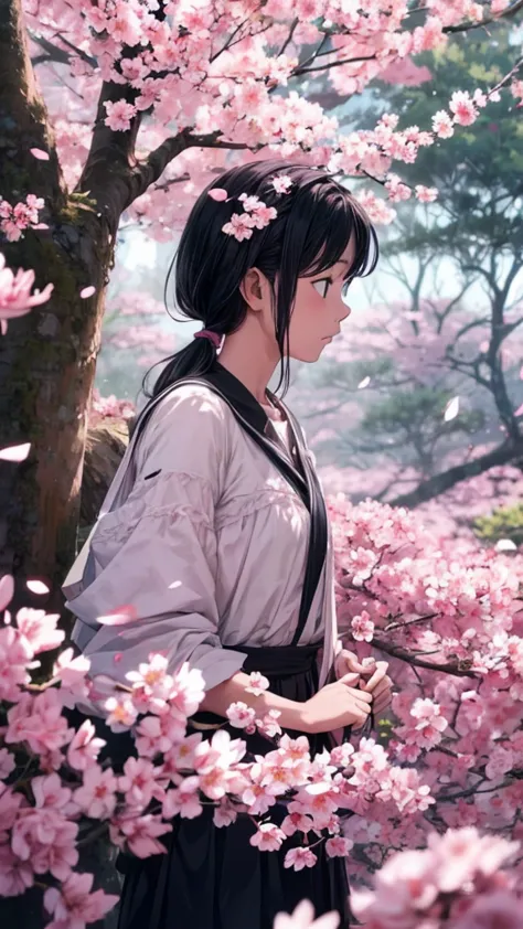  Anime style, a quiet spring day, sakura petals slowly fall from the branches wood, soft pink petals float smoothly through the air, sunlight breaks through the branches, warm and peaceful atmosphere, high detail,  cinematic composition , style aesthetics ...