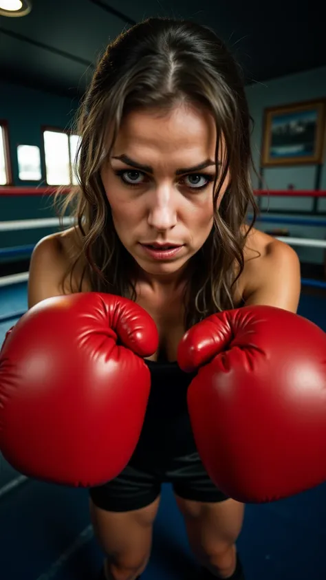 A fierce and determined female boxer in a boxing ring, captured in an extreme close-up shot with a fish-eye lens effect. She has an intense, focused expression, her face slightly sweaty, showing her fighting spirit. Her long, loose hair flows naturally, sl...