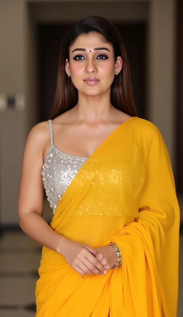 Generate a ultra realistic close up front image of a woman in a golden yellow thick opaque saree. She is wearing a silver shimmering blouse with mirror sequins. It has no sleeves, has a silver satin finish with spaghetti straps. Face and body facing straig...