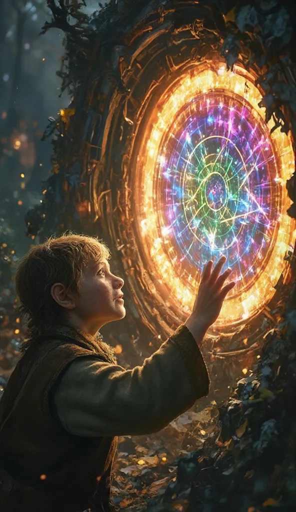 A hobbit looking at a magical portal. The portal is glowing with psychedelic geometry patterns in it. Extreme close up on the hobbit's expression, who is completely mesmerized by the magical portal. He extends his hand toward the portal, trying to touch it...