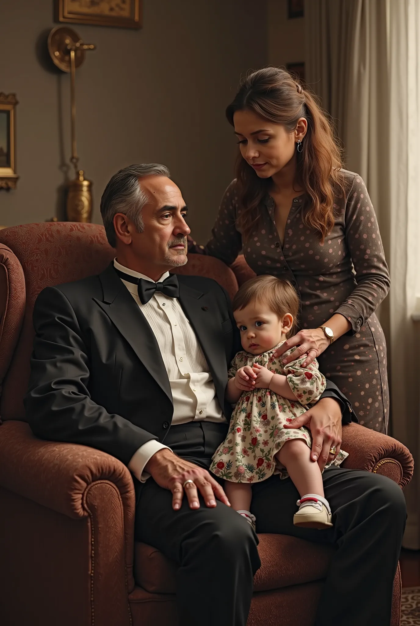 (Photorealism:1.2),  I would like a family picture in the Godfather style. The man is sitting in the middle in the armchair.  on his lap. The mother is standing next to the armchair and her hand is on the man's shoulder.