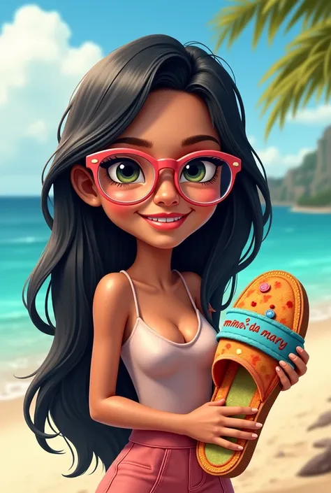  I want a logo with one with long straight and dark hair with rose-framed glasses, holding a strap beach slipper decorated and wrapped with the words Mimos da Mary custom slipper 