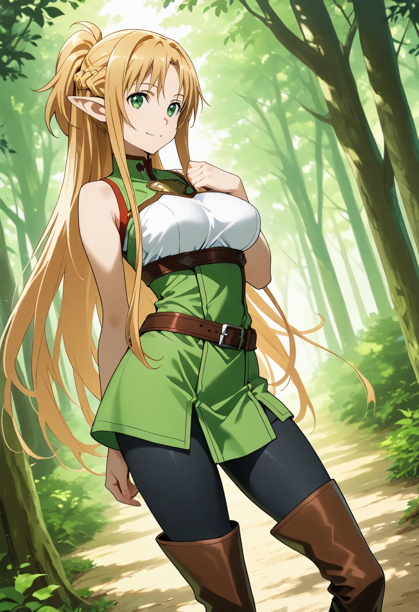 aaasuna, very long hair, ponytail, blonde hair,green eyes, elf,, ponytail, in a forest, solo, RPG style, black pants, black tight pants, brown boots, brown thigh boots, brown belt, green sleeveless tunic, really beautiful, dominant, confident, underbust wi...