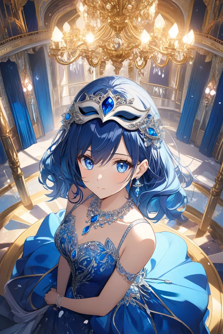 Anime girl, long deep blue hair, light blue eyes, wearing Venetian ball mask, shiny blue luxurious dress, close up shot from above, shiny ball hall in background, crystal necklace and earrings