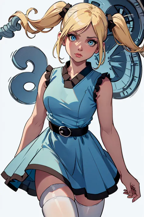 (Bubbles:1.0), (yellow-blonde hair, blue eyes, short twintails, pigtails), (dress, sky-blue sleeveless dress, simple black belt, white thighhighs:1.5), (white background:1.5), (realistic:1.2), (masterpiece:1.2), (full-body-shot:1),(Cowboy-shot:1.2), neon l...