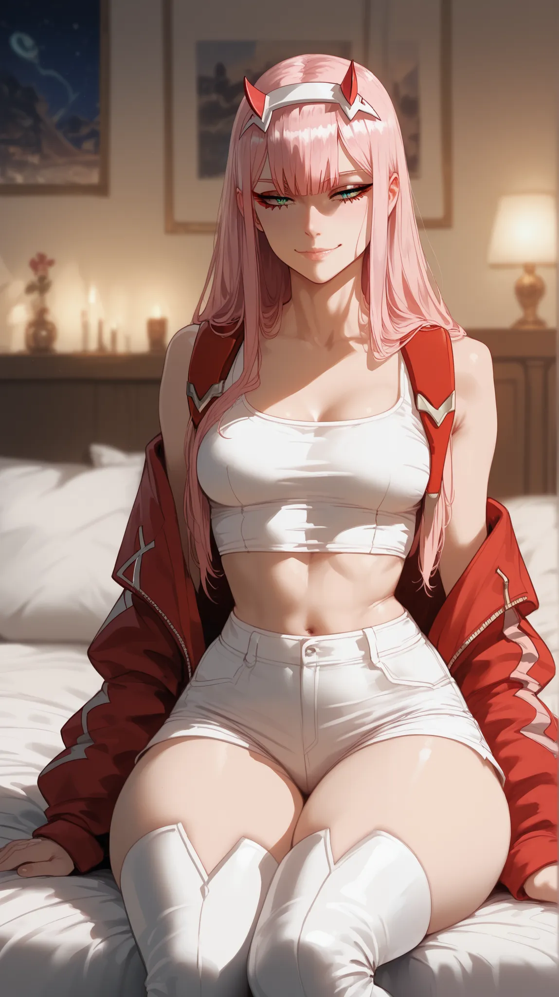  perfect eyes ,  perfectly sexy face , extremely detailed, looking at the spectator, Zero Two,  darling in the franxx ,  pink hair, wide hips, shorts, thigh boots, short top, apenas_shoulder,  in the bedroom, night, gentle smile, sitting,