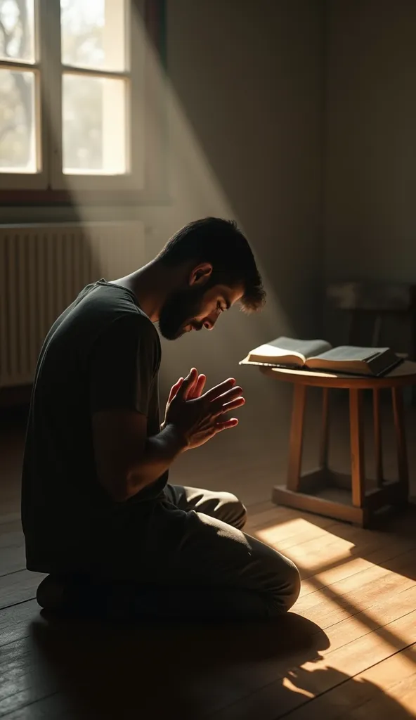 

An emotional scene showing a man kneeling on the floor of a simple room,  with an expression of despair and faith , illuminated by a soft light that enters through the window. In the background, an open Bible on a small table. The atmosphere must convey ...