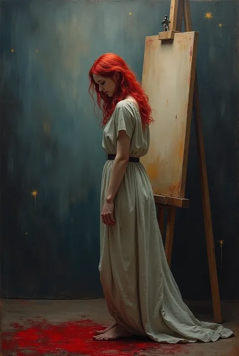 The painting depicts a woman with red hair, , the painting. red blood. The figure of the woman is depicted in full length, standing next to the painting. She is in the center of the canvas, is slightly tilted forward, with an expression of sadness and dete...