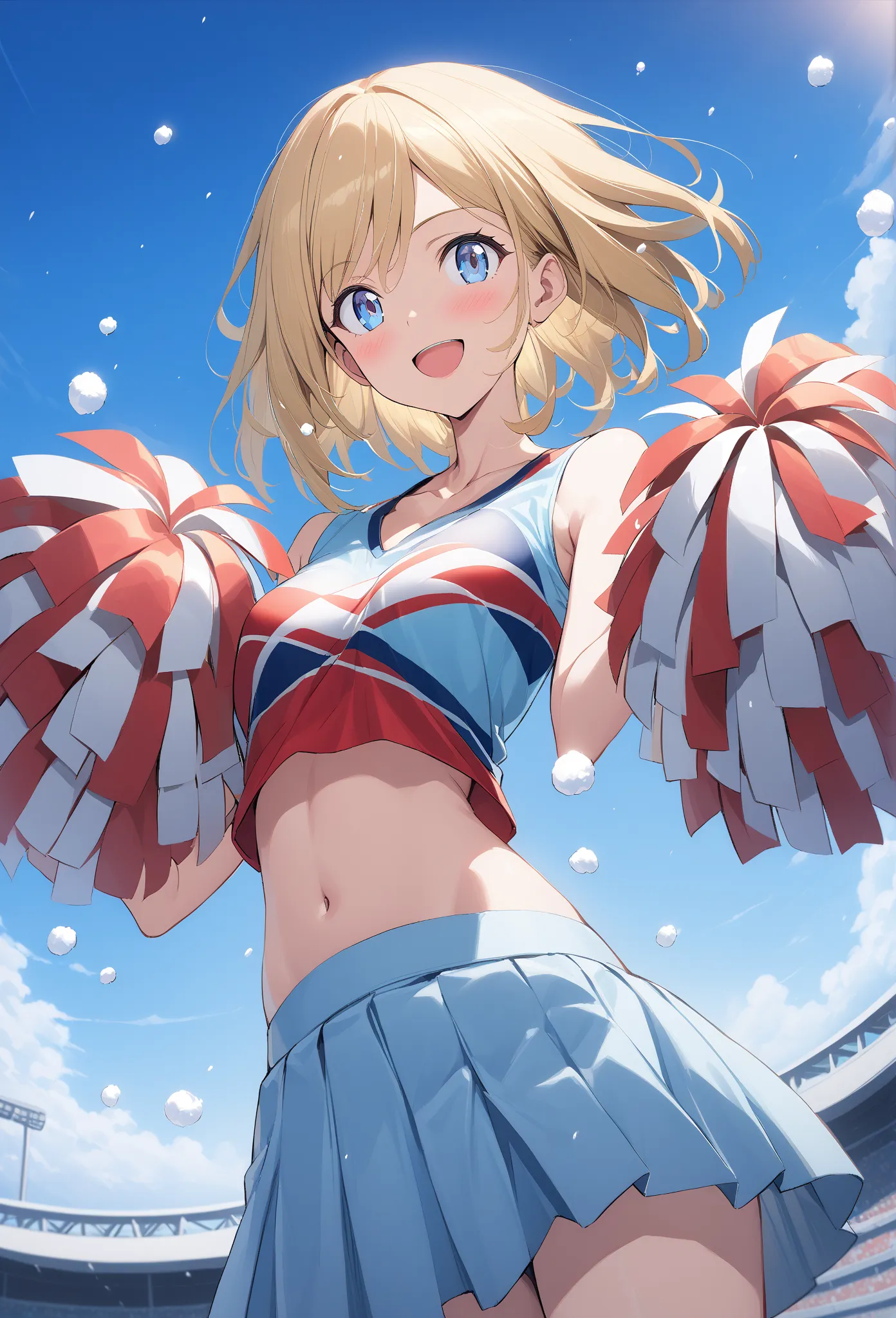 1 girl,  \(Pokémon\), Kai, It's You , cheerleader, clothing design, pleated skirt, Pom-pom \(cheerleading\), collarbone, Light blue clothes, light blue skirt, Horseshoe, upper body, smile, sleeveless, chest, belly button, :d, STUDIO LIGHTING, Put your hand...