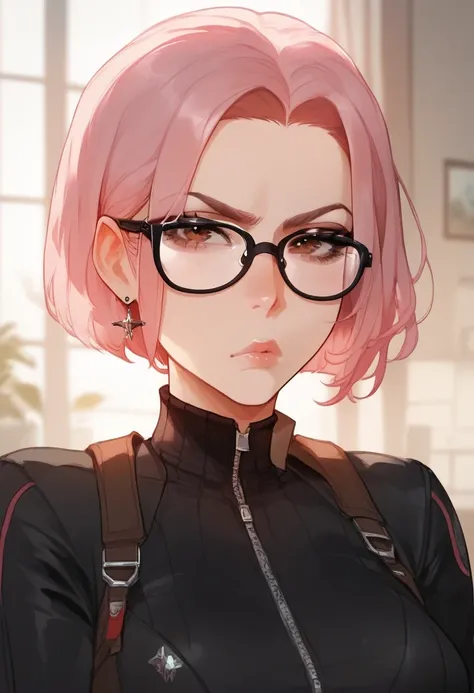 a woman with short pink hair,  brown eyes , She wears tight black clothes, wears glasses and has a serious face. 