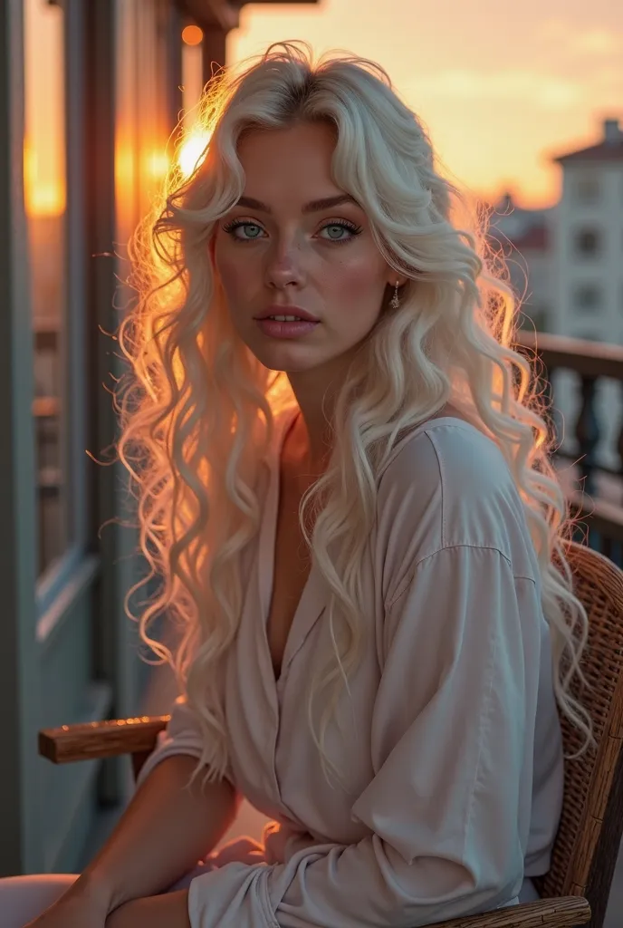 "Hyperrealistic portrait of a young woman of ethereal beauty, about 20 years old, sitting elegantly in a chair on the porch of a building, with an urban sunset in the background. She has incredibly realistic skin, with natural texture, visible pores and sm...