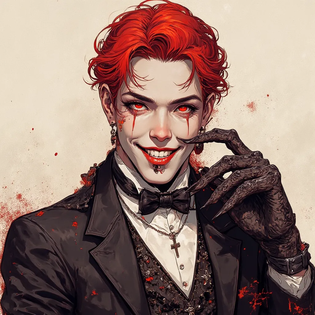 Vampirism, vampires. Gothic drawings.  illustration.
vampire. man. pale, deep black eyes like dark spherical orbs. pointy ears.  long vampire fangs . open smiling mouth.
elegant clothes. 1920s Mafia style.  extremely short red hair.