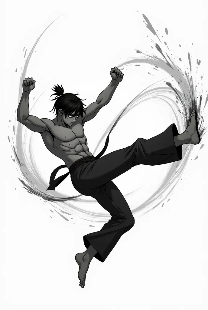 Create for me an anime photo in black and white making capoeira, Striking in the Air 