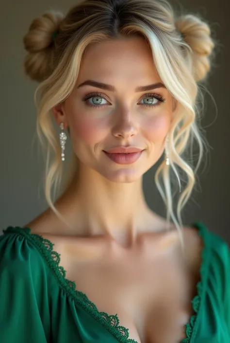 Mujer de 39 años,gray eyes,blonde hair, hyperrealistic portrait ,Detailed face,serene expression,pose natural,elegant dress color green , blurred background,soft lighting,fashion photography style,4k,ultra detailed,vibrant colors,sharp focus Long hair,  tw...