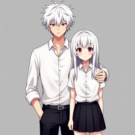 Adult boy and girl standing side by side, the guy on the left, and the girl on the right, both with a serious facial expression, anime. 
the guy on the left: age adult 25 years, height 190 centimeters high, medium build, hair color snow-white,  Eye color b...