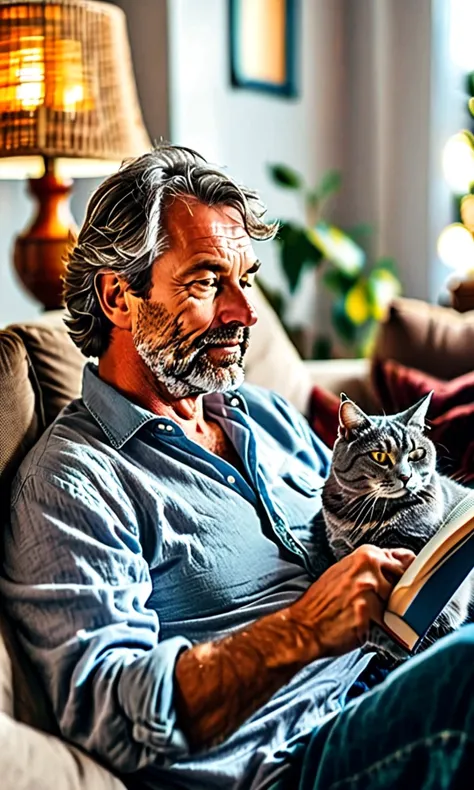 middle age man sitting on the couch reading a book with a grey cat curled up next to him