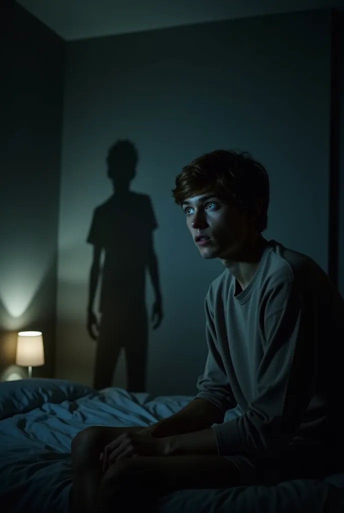 "A dimly lit bedroom at night, a young man (25 years old, light brown hair, blue eyes, light skin, slightly unshaven) sitting on his bed, eyes wide open in shock, staring at a dark shadow in the corner of the room. The shadowy figure is humanoid but slight...