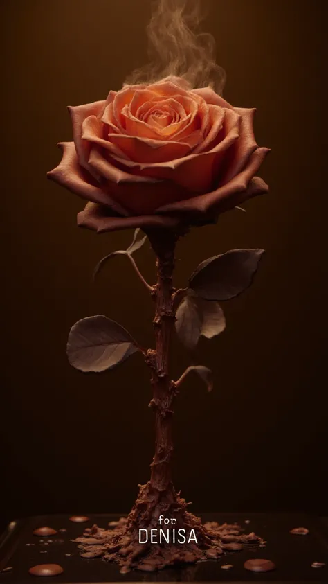 masterpiece, abstract rose made of liquid hot dark chocolate, with text "for DENISA", detailed, intricate, realistic, hyper-realistic, volumetric, glossy, shiny, warm, steaming, dramatic lighting, chiaroscuro, cinematic, oil painting, impressionistic, rich...