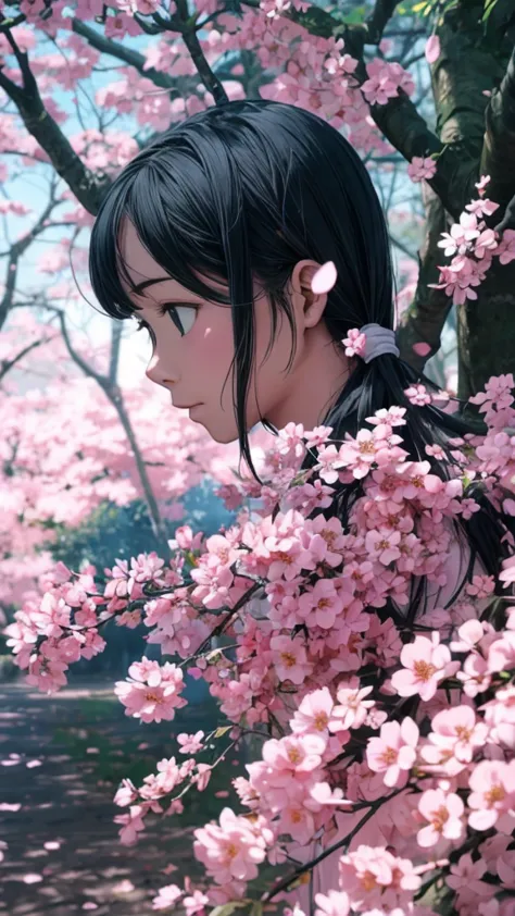  Anime style, a quiet spring day, sakura petals slowly fall from the branches wood, soft pink petals float smoothly through the air, sunlight breaks through the branches, warm and peaceful atmosphere, high detail,  cinematic composition , style aesthetics ...