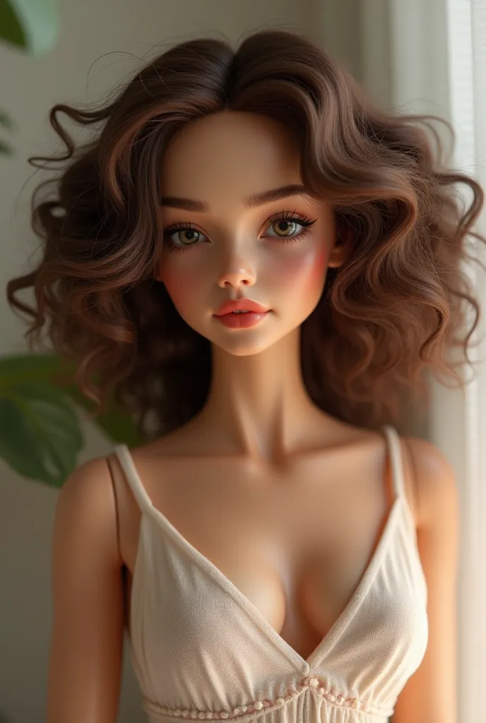 A doll with medium skin and curly hair 