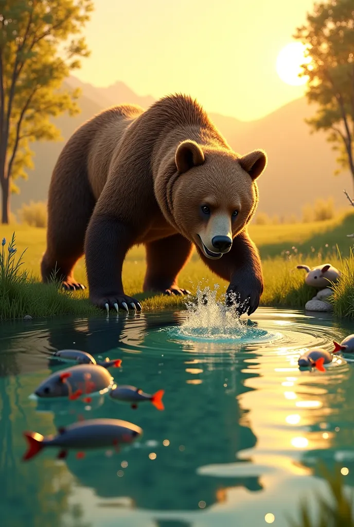 *"A massive bear with thick, shaggy fur and sharp claws approaches the edge of a large, crystal-clear pond, its eyes locked onto the big fish swimming beneath the surface. The golden sunset reflects off the water, casting a warm glow as the bear steps forw...