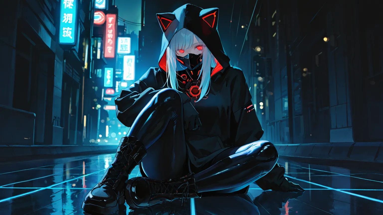 Anime-style, long hair,RED EYES, cyberpunk aesthetics, dark pop influence, single female character, sitting on the ground, wearing a dark oversized hoodie with cat ears (hood up), fitted dark body suit with glowing circuit-like patterns, dark high-tech leg...