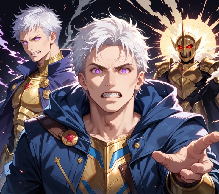 Best quality Ultra HD 8k,Very detailed,realistic:1.37,Portrait,dark fantasy,anime,Single level adjustment,Hero Character, A 3 male adult, ,purple eyes, short white hair, quiff hairstyles ,Hooded jacket,muscle, Sharp focus,Superpower,Mysterious aura,dynamic...