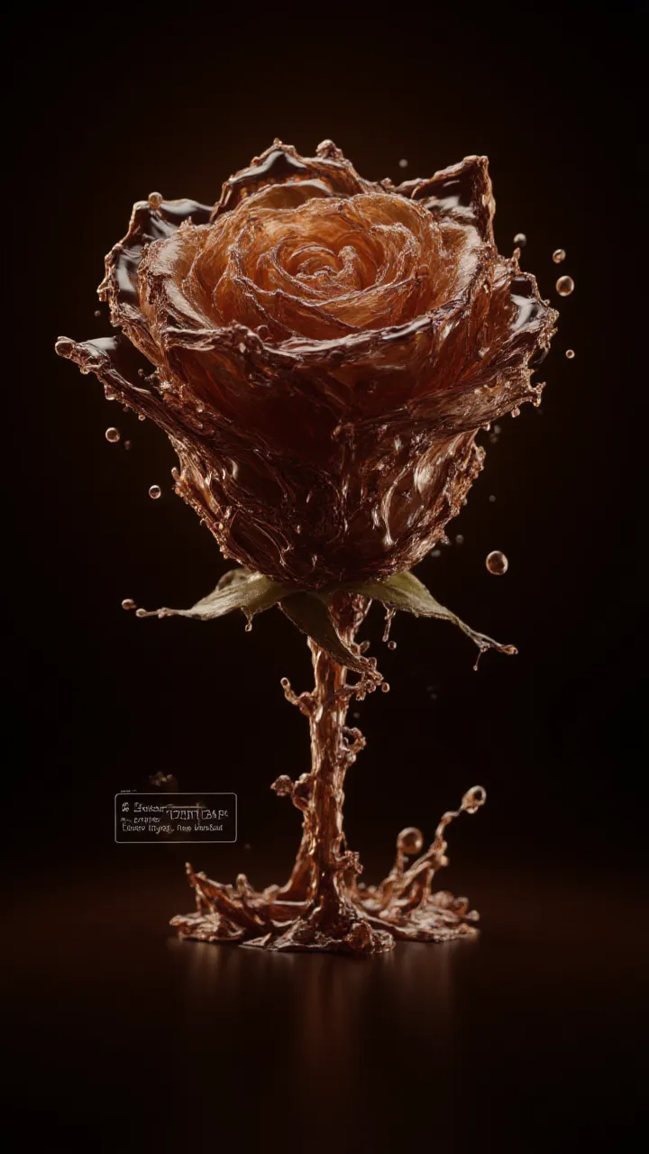 masterpiece, abstract rose made of liquid hot dark chocolate, with text "for DENISA", detailed, intricate, realistic, hyper-realistic, volumetric, glossy, shiny, warm, steaming, dramatic lighting, chiaroscuro, cinematic, oil painting, impressionistic, rich...