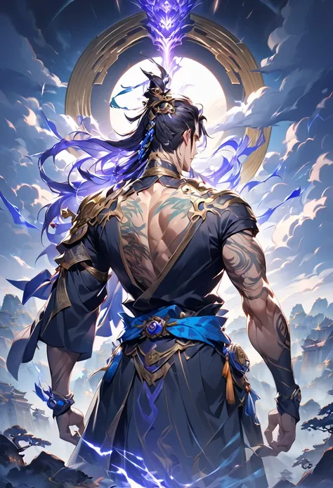 A tall and imposing xianxia male cultivator with a striking appearance. He has glowing blue heterochromatic eyes, long black hair cascading down his back with distinctive white bangs framing his handsome face. His muscular physique is evident, with scars a...