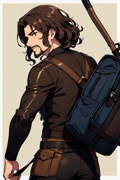 male hunter wearing leather and fabric clothing , a bow on the back , curly hair and goatee with dark brown hair