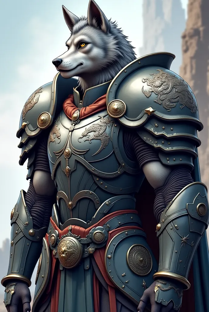 The portrait of a gray-haired humanoid wolf, Slim body, strong and tall, a humanoid body symmetry, wears large epic heavy armor, with lion ornaments engraved on the chest, with a large full-body tower shield with dragon ornaments, , has a friendly look and...