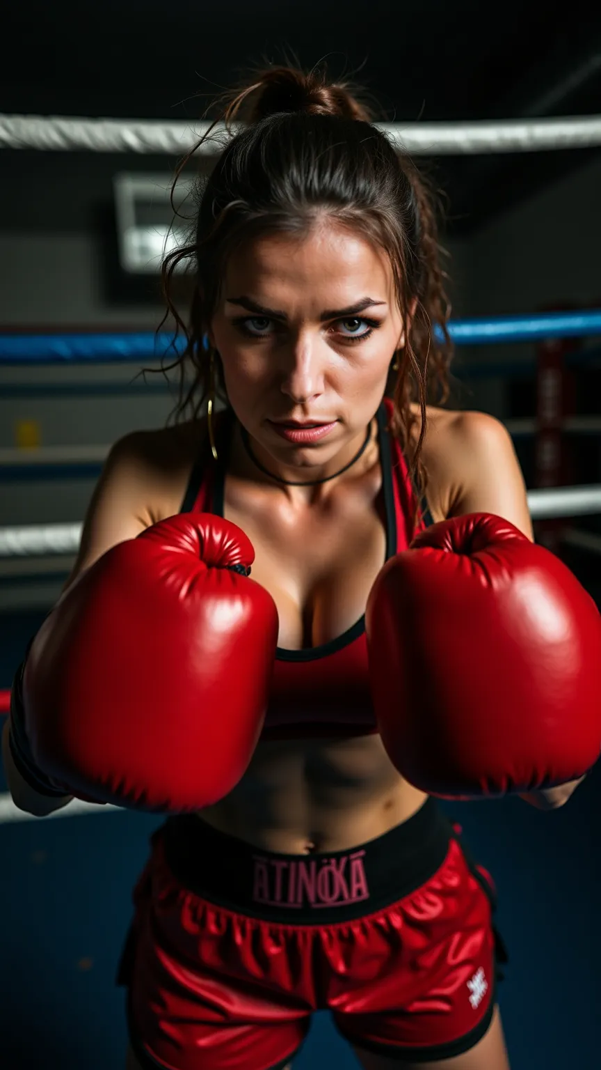 An intense and fierce female boxer in a boxing ring, captured in an extreme close-up shot with a fish-eye lens effect. She has long, loose hair, slightly messy from the fight, and an intense, focused expression with a determined gaze. Her face is slightly ...