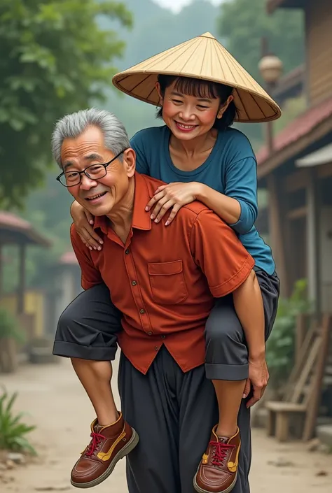 Generate a vietnam woman carrying his husband on her back and stuggling to carry him on her back, The woman is wearing a vietnam traditional hat as well ,
The man is wearing glasses and he is a bit chubby, not much chubby. The glassess should be in square ...