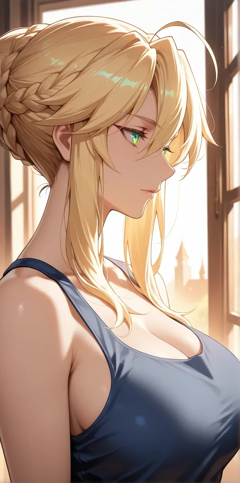 Masterpiece, very aesthetic, vibrant, high contrast, high resolution, ultra detailed, cool mature woman, artoria Pendragon (lancer), tank top, soft light, home, best quality, newest, castlevania: nocturne anime style, upper body